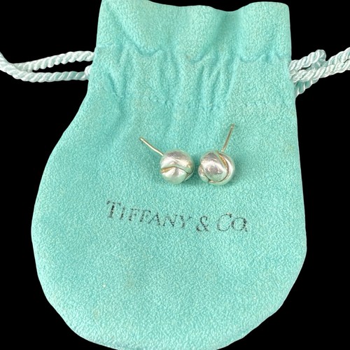 Tiffany & Co 925 Sterling Silver Twist Knot Love Ball Stud Earrings w/ Pouch