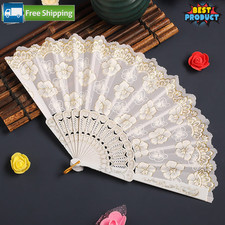 1x Beautiful White Cherry Blossom Fan w/Gold Foil Print Elegant Design Xmas Gift