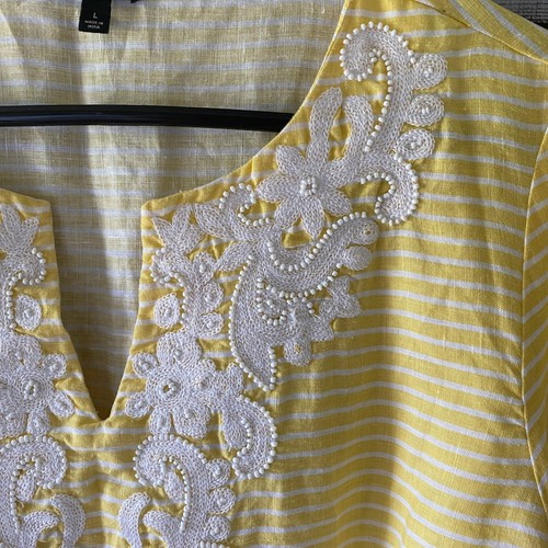 Talbots Women's Long-Sleeved Top Size L Yellow White Striped Linen V-Neck - Picture 3 of 6