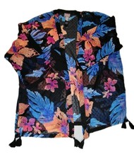 Chico's Tropical Floral Sheer Kimono Cardigan Tassel Trim Size 2 L/XL Boho