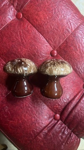 Brown Drip Glaze Mushroom Salt & Pepper Shakers USA MCM