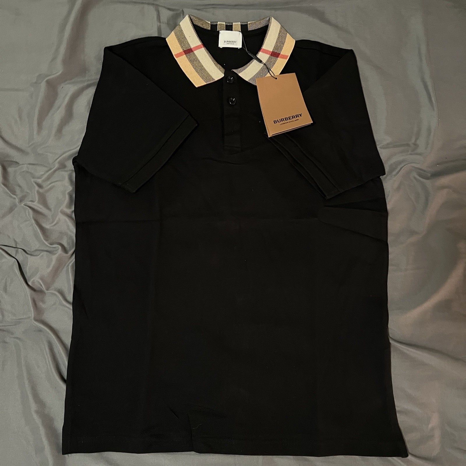 BURBERRY Black Check Cotton Polo Shirt Size M Men’s New-image