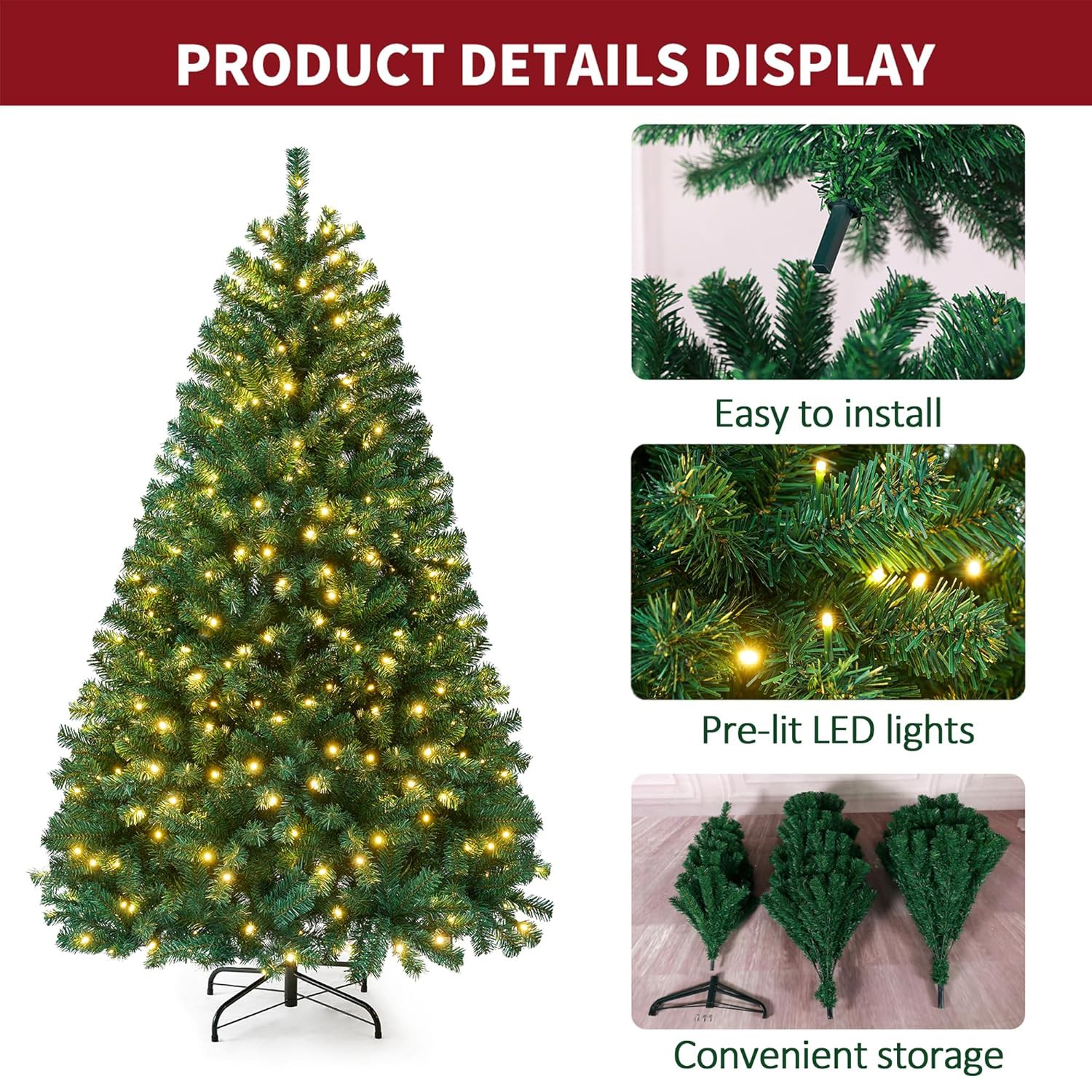 4/5/6/7FT Pre-Lit Artificial Christmas Tree 260 LED Light Branch Tips Green Xmas 5