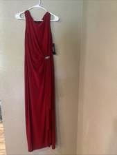 Chaps Women's Red Evening Gown Size 10 Sleeveless Elegant Brooch Formal