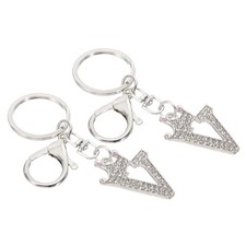 Initial Letter Keychain, 2 Pcs Letter V Crown Design Charm, Silver Tone