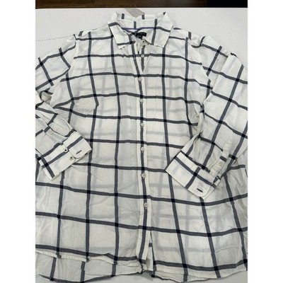 Talbots Woman 1X White Navy Blue Windowpane Plaid Cotton Button Down Shirt Top