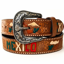 Handmade Tooled Leather Western Belt: Mexico design Handpainted Cowhide, 1.5"