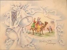 Vtg Christmas Greeting Card Christmas Bells Holly Berries Peek Thru Religious