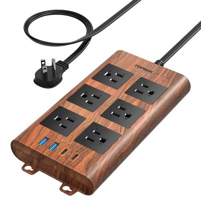 Surge Protector Power Strip 6 Outlets 2 USB C A 6.5FT Brown TOPREK