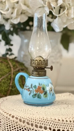 Vintage Blue Milk Glass Mini Finger Oil Lamp Handpainted Florals