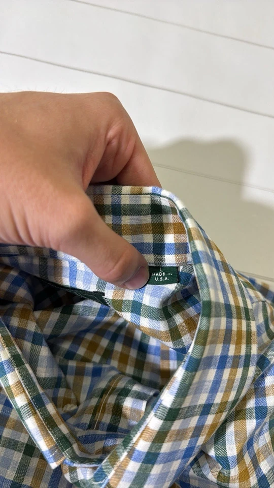 Gitman Brothers mens L Large tan green blue check linen blend oxford shirt EUC - Image 3 of 4