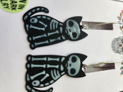 Bella Jack Glow In The Dark Cat Skeleton Earrings 3'' Dangle Halloween