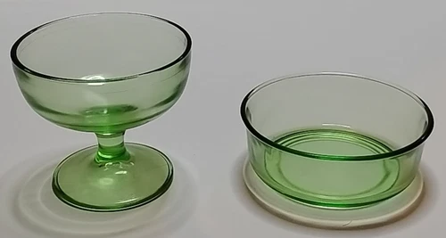 2 Vintage Green Uranium Depression Glass 3 1/2"dia. Footed Dish & 4"dia. Bowl