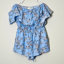 Nwt Everly Blouse Women's Medium Blue Floral Romper Off Shoulder Ruffle Fairy