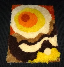 Vtg 70s Rya Style Latch Hook Rug Wall Hanging Orange Brown Sun 19x26 "