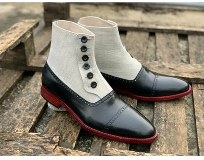 Men's Handmade Leather & Fabric Button Boots, Cap Toe Formal Dress Ankle Boots