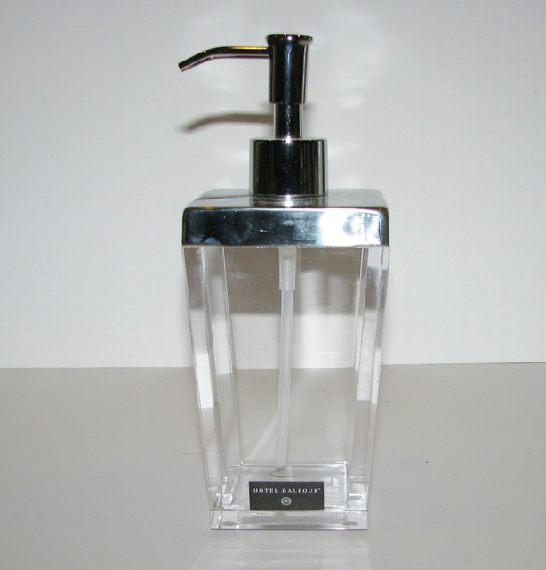 NEW HOTEL BALFOUR CLEAR ACRYLIC SOAP,LOTION DISPENSER WITH SILVER TONE
