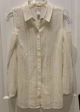 Chico's Size 1 M Ivory Gold Metallic Cold Shoulder Semi-Sheer Flowing Blouse