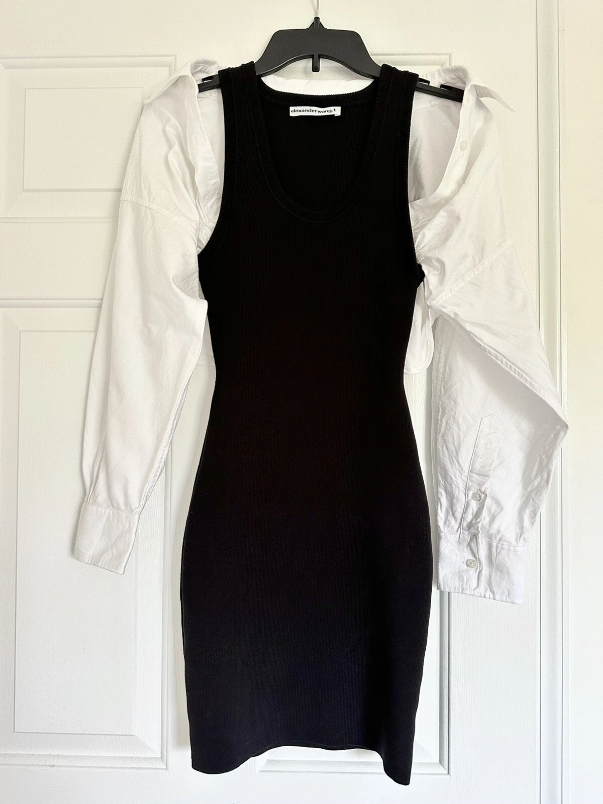 Camicia a costine Alexander Wang a due strati manica canottiera abito S nero bianco