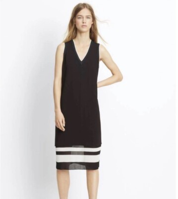 Vince Sz S Knit Shift Dress Black White V Neck Striped Hem