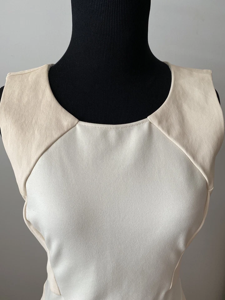 Vestido para mujer Halston Heritage marfil sin mangas con inserciones de cuero talla 4 Foto 2 de 4