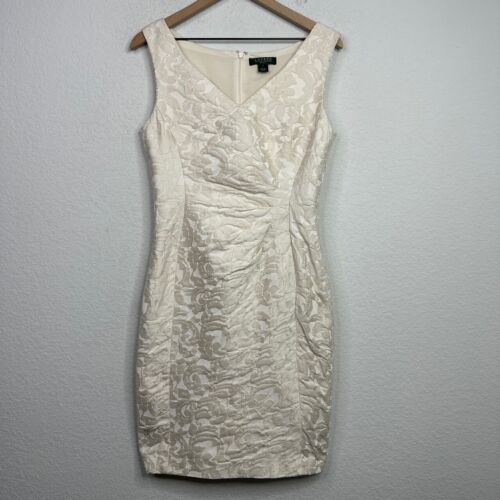 Lauren Ralph Lauren Dress Womens Size 8 Beige Sleeveless Jacquard Wedding Bridal