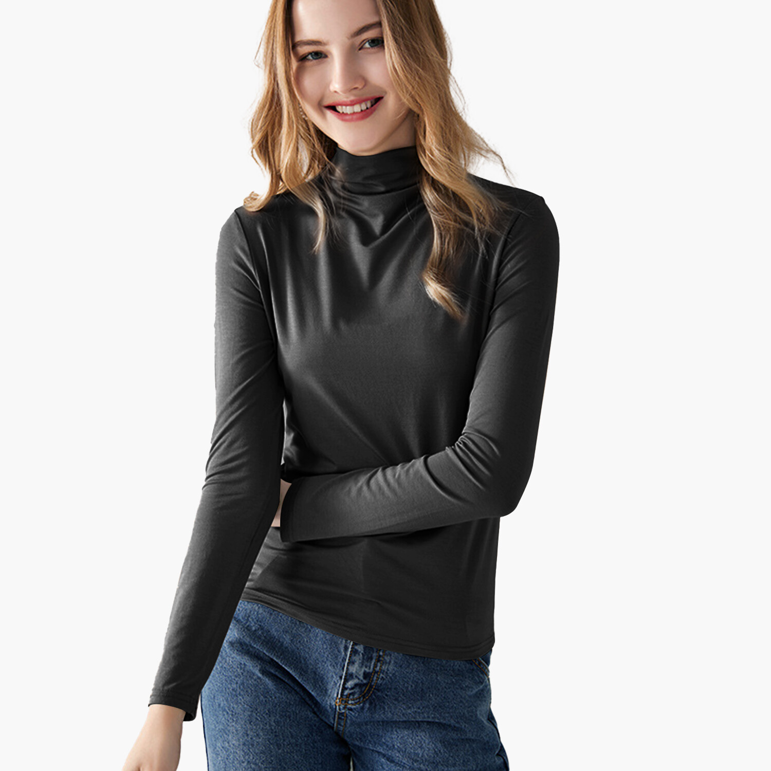 Women's Basic Turtle Neck Shirts Long Sleeve Ribbed Stretch Fitted