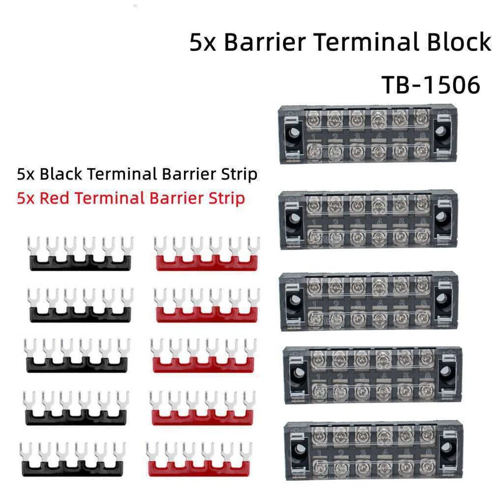 Dual Row 6 Position Screws Terminal Electric Barrier Strip Block 600V 15A 5 Sets - Image 2 of 3