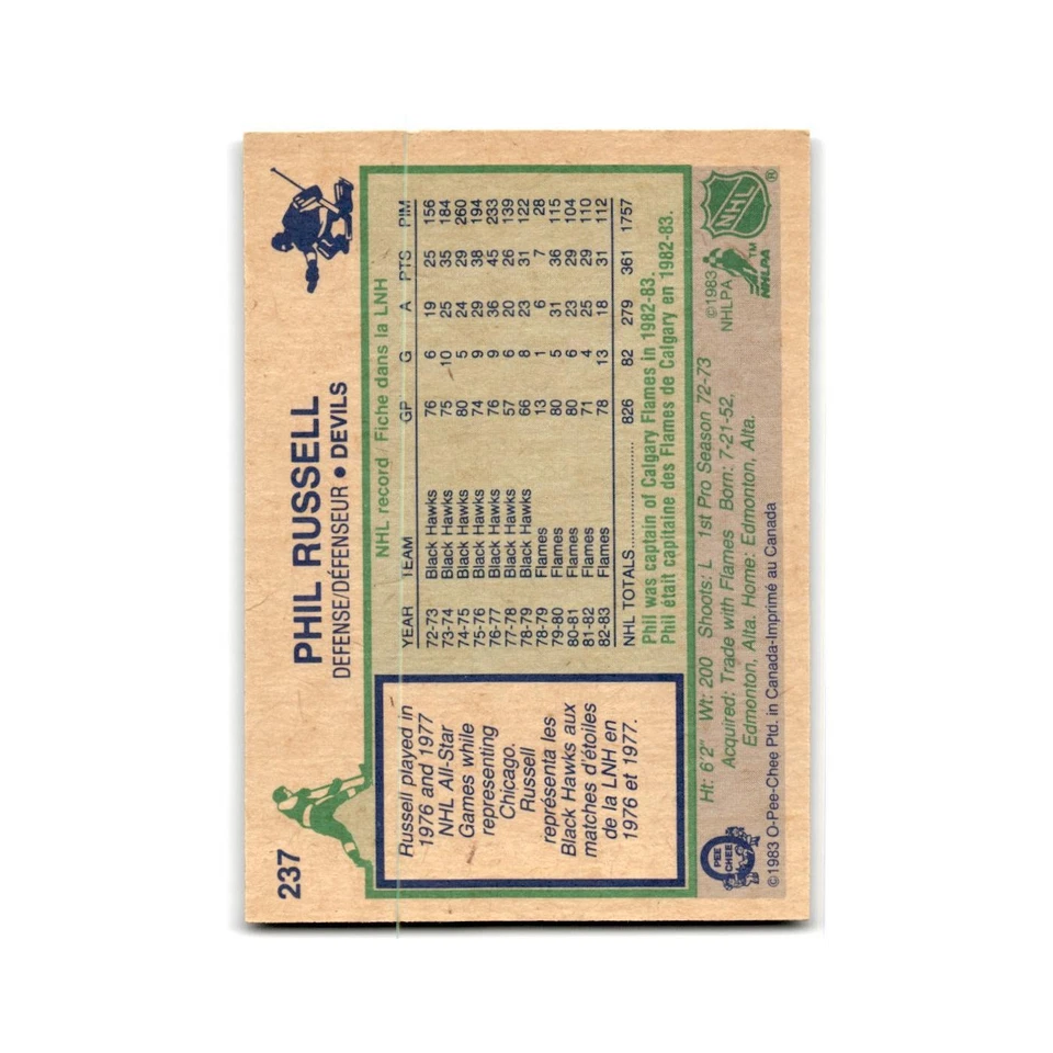 1983 O-Pee-Chee Phil Russell New Jersey Devils #237 - Image 2 of 3