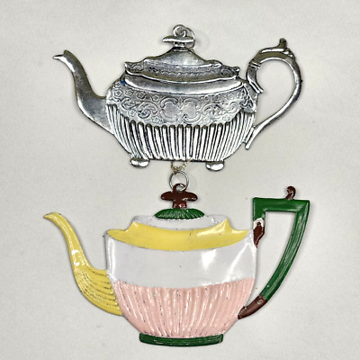 Vintage Tin Teapot Ornaments x2 Flat One-sided 3.25'' x 5.5'' Wall Decorations