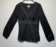Women’s Loft Shirt Black Long Sleeve V-Neck Blouse Striped Career Wear Size 2