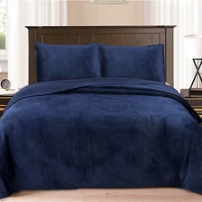 Navy Blue Velvet Basket weave Luxurious Velour Soft Quilt Bedding Set Bedspread