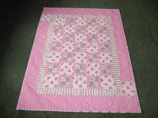  PINK and GRAY ELEPHANTS handmade baby quilt 41 by 51 1/2"