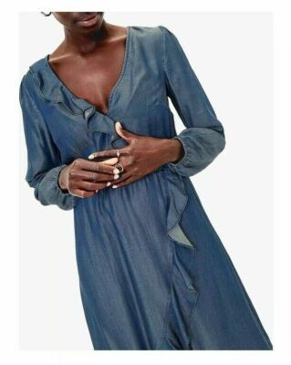 BNWT Oasis Midi Frill Dark Blue Wrap Denim Lyocell Midi Dress Long Sleeve  12 52 | eBay UK