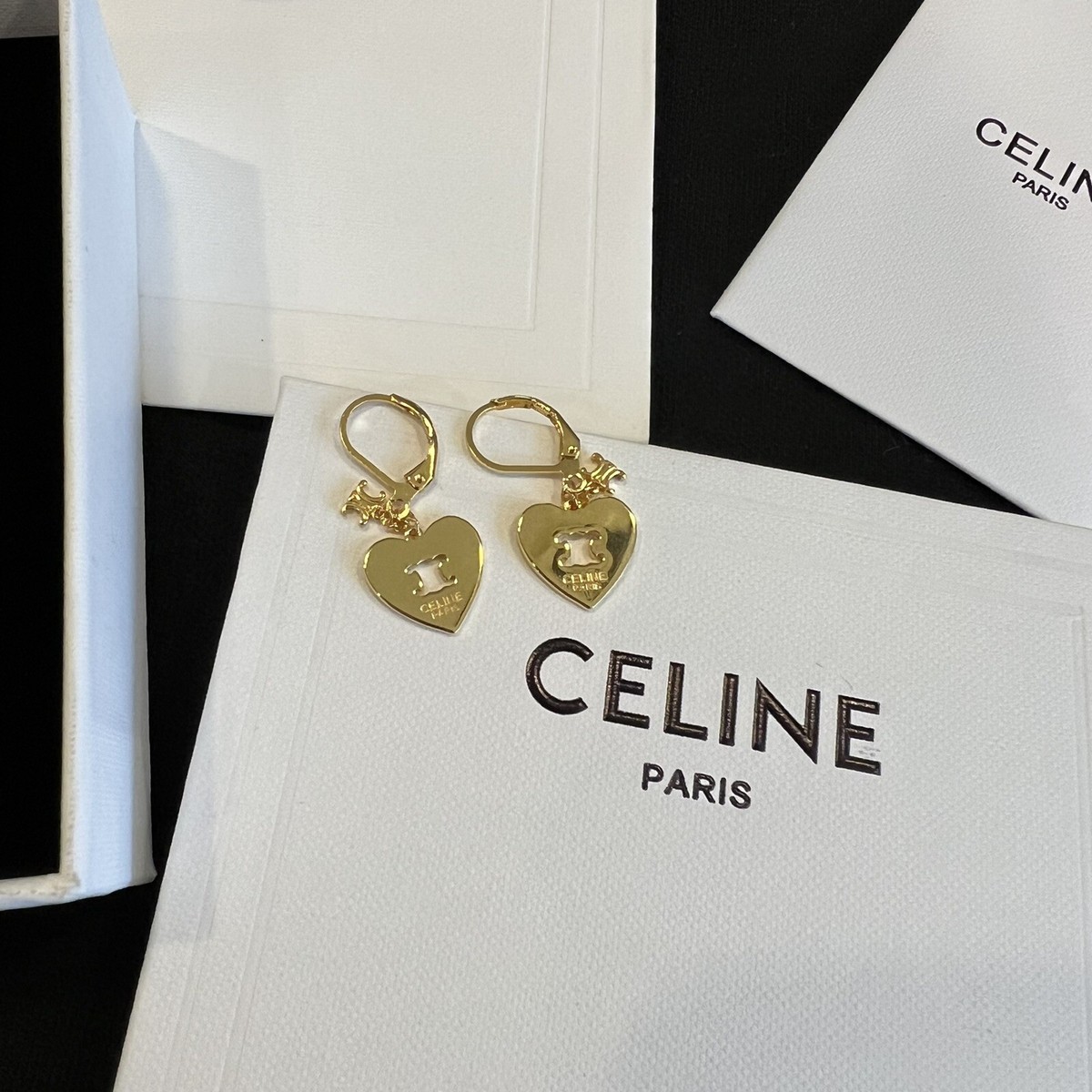 CELINE Heart And Logo Drop Earrings Golden Brass~ One Pair