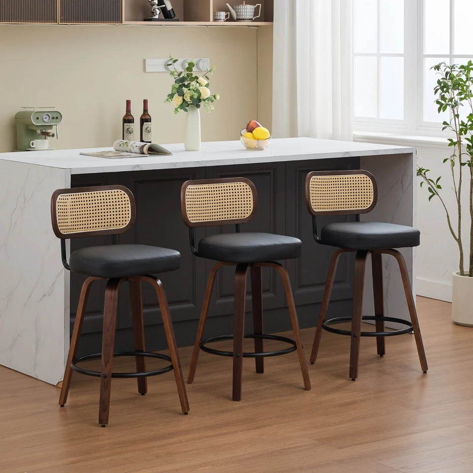 Set of 3 Swivel Walnut Bar Stools Dining Counter Height Barstool Kitchen Island - Image 2 of 4