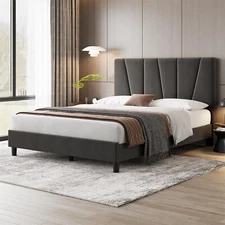 Full Bed Frame with Adjustable Diagonal Channel Tufted Headboard Wooden Slats US