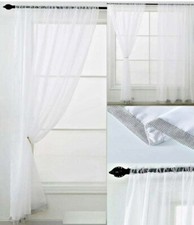 Sparke Diamante Trim Plain Voile Curtain Panel VIVA Slot Top 48" Drop - WHITE