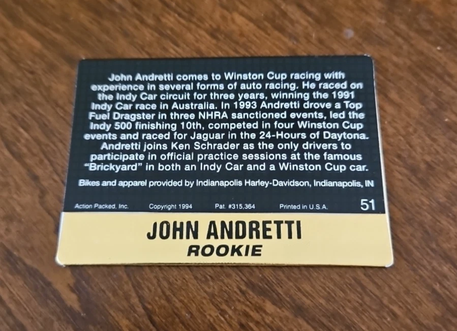 1994 Action Packed John Andretti #51 Rookie RC - Image 2 of 2
