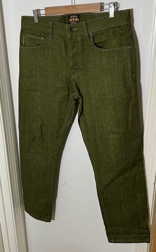 Neu ohne Etikett Brave Star japanische Selvedge Denim Jeans 34 x 30 schmal gerade grün hergestellt in den USA