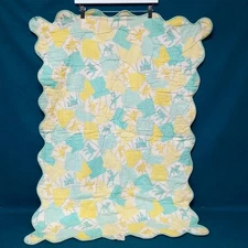 Vintage Baby Quiltex Blanket Deer Yellow Blue Print Scallop Edge 30" x 42" Quilt