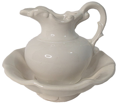 Vintage McCoy USA White Pottery Pitcher Wash Basin Set Heart Handle