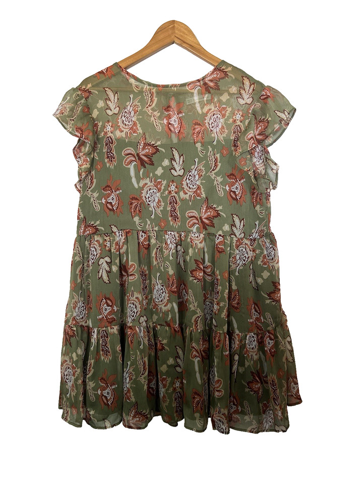 HERE COMES THE SUN Green Paisley Babydoll Dress SIZE 12 AU/8 US LARGE Sheer Boho