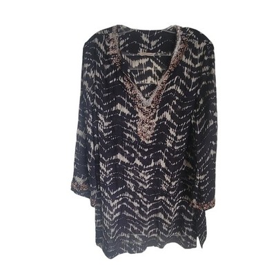 Women's Top Size M Black/White Soft Surroundings Sequins Gold Tribal Whimsy Goth