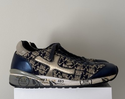 PREMIATA Men's Blue Beige Geometric Lace Up Sneakers Low Top Style 1519
