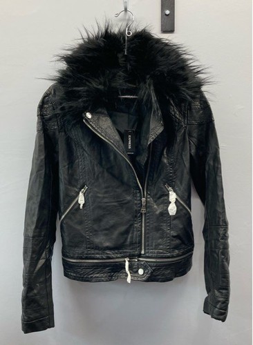 Express Women Black Faux Leather Jacket With Removable Faux Fur Collar Sz XS NWT