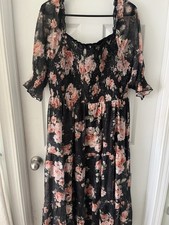 Baltic Born Dress Sz 1X Midi Black Dark Floral Peach Fabian Jacquard Smocked NWT