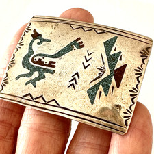Roadrunner Turquoise Chip Inlay Navajo Belt Buckle Sterling VTG 17g Begay 80s