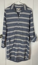 Ann Taylor LOFT Shirt Dress Womens 8 Blue White Striped Chambray Roll Tab Sleeve