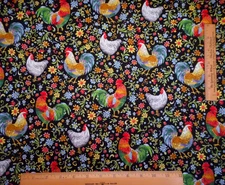 Robert Kaufman Fabric By The Yard Roaming Floral Roosters on Black Cotton #B